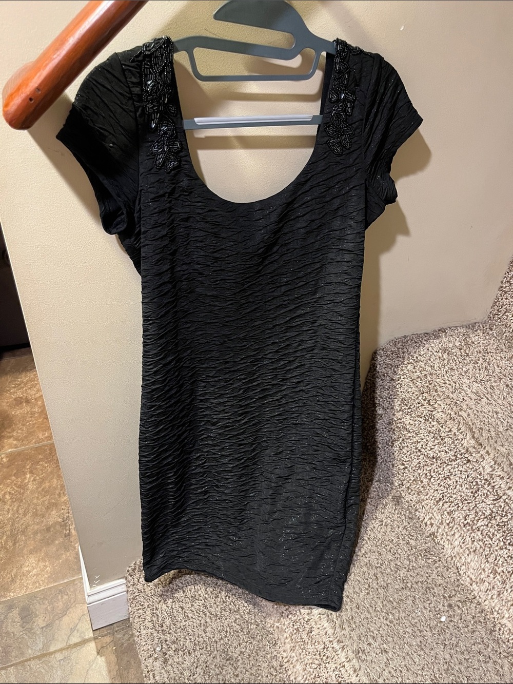 Free People Black Textured Scoop Backless Dress with Beaded Details